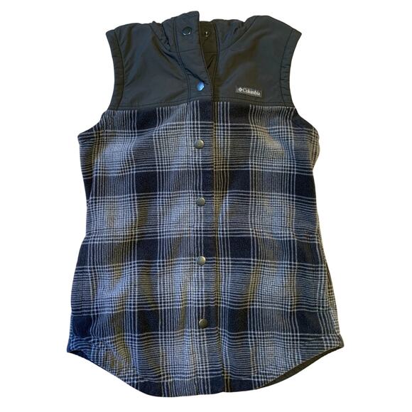 Columbia Women Vest Size Small Black Grey Plaid Puff and Fleece Hood Snap Front - Picture 3 of 8